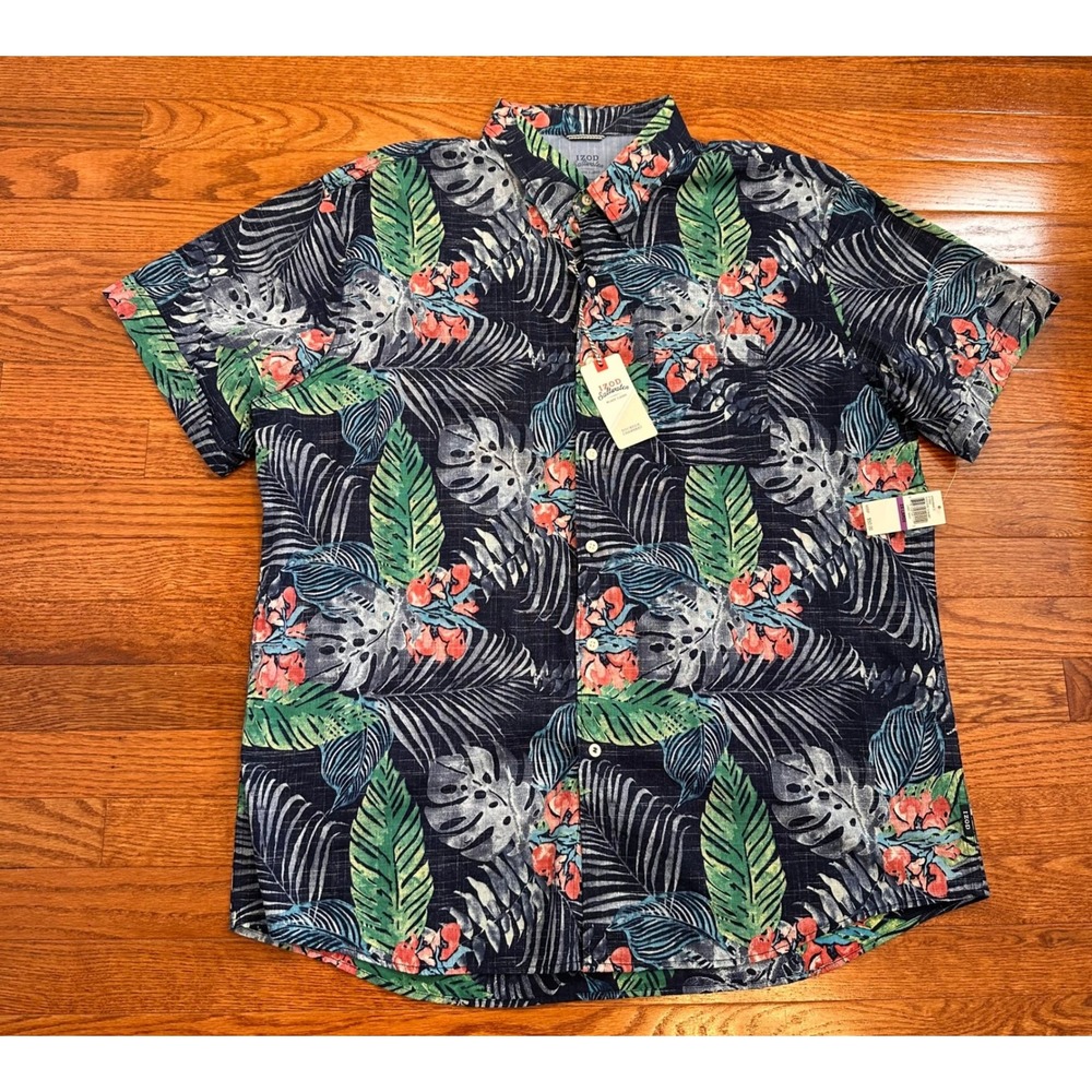 New Izod Saltwater Dockside Chambray Hawaiian Shirt Mens 2XL Floral Tropical